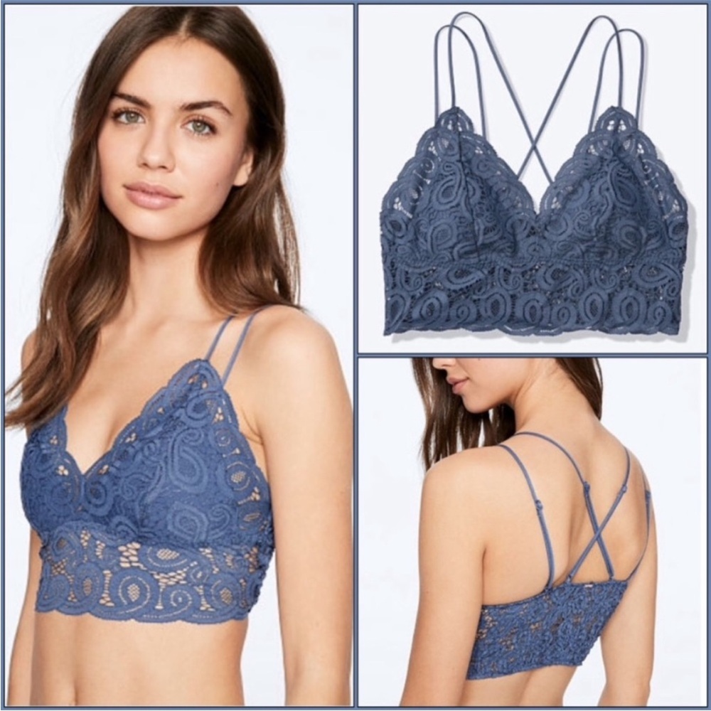 Pink Victoria’s Secret Longline Crochet Lace Bralette Wireless Bra, Blue Size L